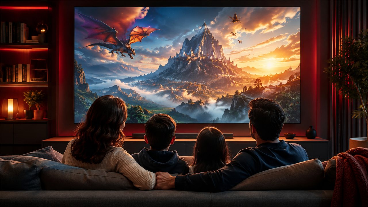 Familia viendo X DRAGON TV en casa